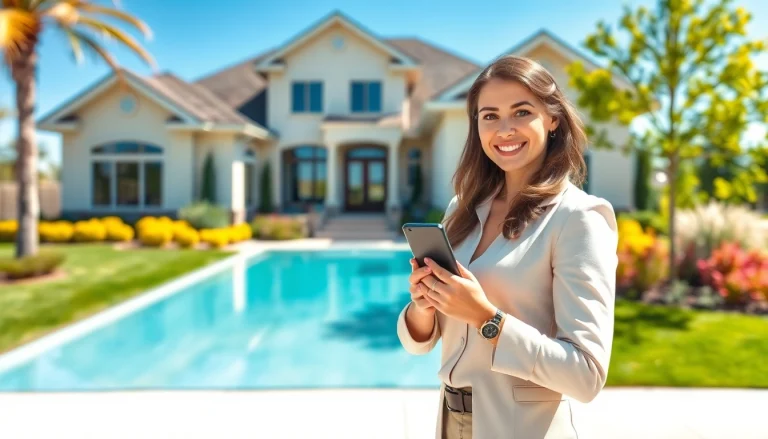 Real Estate agent showcasing a beautiful property in a vibrant outdoor setting.