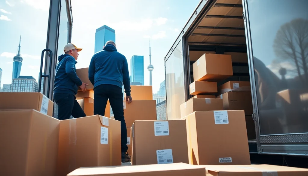 Toronto movers loading boxes onto a truck against the city skyline
