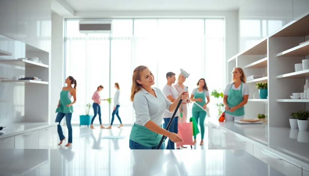 Cleaning Service team efficiently tidying a bright home, showcasing sparkling surfaces and professional teamwork.