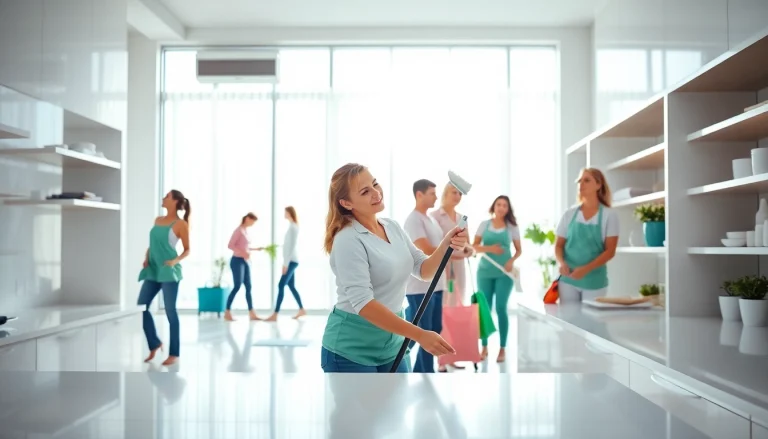 Cleaning Service team efficiently tidying a bright home, showcasing sparkling surfaces and professional teamwork.