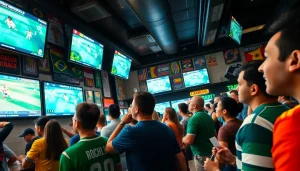 Engaging scene of sports betting Brazil with enthusiastic bettors watching live matches in a vibrant atmosphere.
