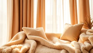 Fleece stof in warme kleuren en textuur tijdens natuurlijk lichtsituatie voor thuiscomfort.