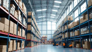 Organized warehouse interior showcasing storage racks and efficient logistics in action.