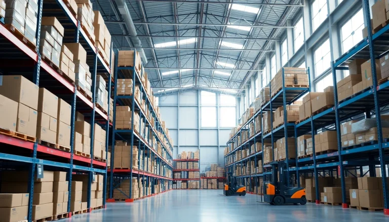 Organized warehouse interior showcasing storage racks and efficient logistics in action.