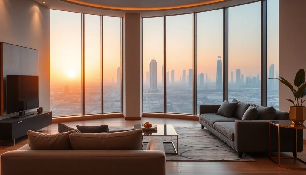 Showcasing a modern interior design dubai apartment with elegant decor and furniture setup.