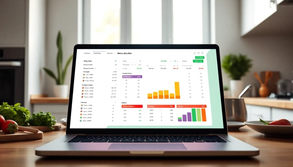 Utilize a macro calculator displayed on a laptop against a vibrant kitchen background for personalized nutrition.