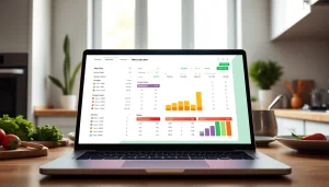 Utilize a macro calculator displayed on a laptop against a vibrant kitchen background for personalized nutrition.
