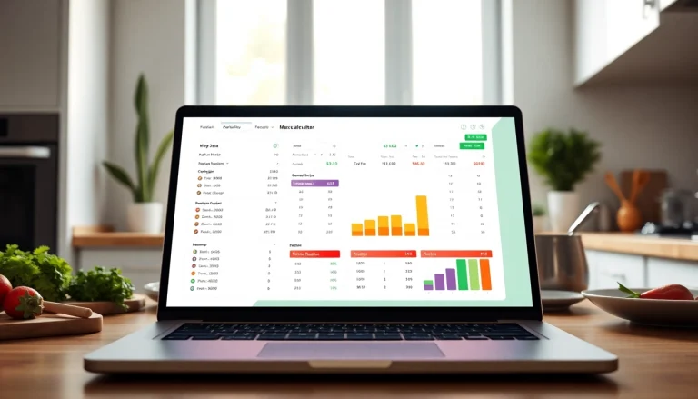 Utilize a macro calculator displayed on a laptop against a vibrant kitchen background for personalized nutrition.