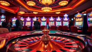 Situs Slot Terpercaya showcases an elegant casino table with vibrant slot machines in a luxurious atmosphere.