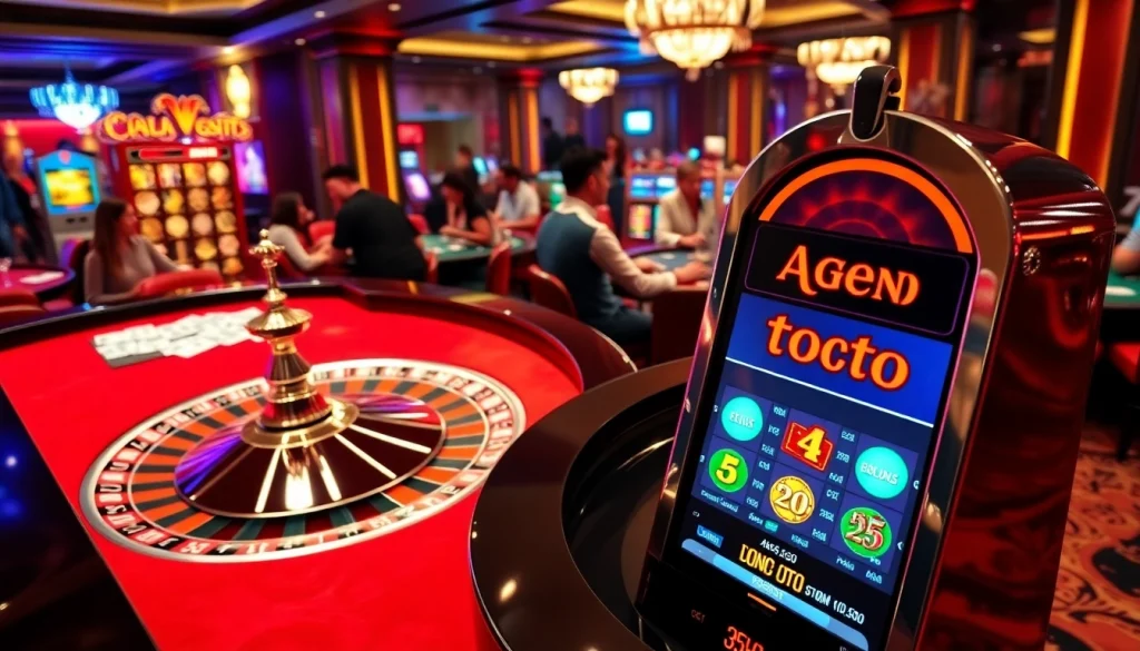 Players enjoying agen toto slot action at a luxurious casino setting with roulette and slot machines.