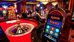 Players enjoying agen toto slot action at a luxurious casino setting with roulette and slot machines.