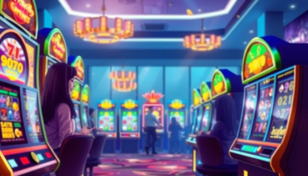 Online gambling scene highlighting hoki138 pro slot games with vibrant colors and excited players.