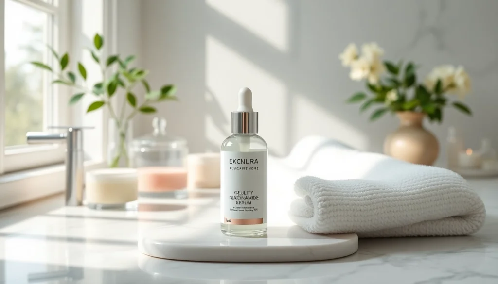 Lyxig niacinamid-serumflaska på en avkopplande badrumsmöbel med lugnande inredning.