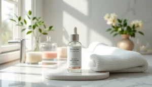 Lyxig niacinamid-serumflaska på en avkopplande badrumsmöbel med lugnande inredning.