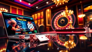 Trải nghiệm cảm giác phấn khích của chơi game trực tuyến tại W88 với bàn casino sang trọng, gồm các chip poker và bánh xe roulette.