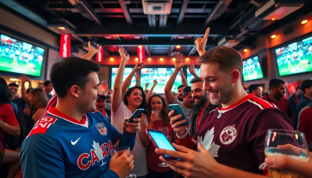 Engaged fans enjoying Canada sports betting, celebrating wins and using mobile devices in a lively atmosphere.