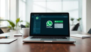 Enhance business communication using WhatsApp Smart CRM with a sleek laptop and organized workspace.