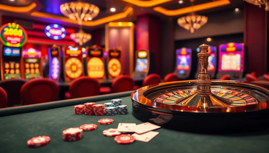 Experience the excitement of link 188bet with vibrant casino scenes featuring roulette wheels and poker tables.