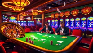 Experience the thrill of gaming at https://thabet.vegas/ with a vibrant poker scene highlighted by luxurious casino elements.