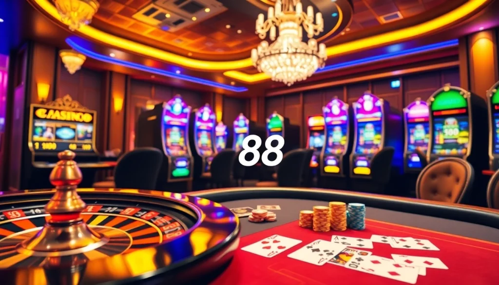 Experience thrilling online gambling with a vibrant Fun88 link showcased in a luxurious casino setting.