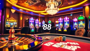 Experience thrilling online gambling with a vibrant Fun88 link showcased in a luxurious casino setting.
