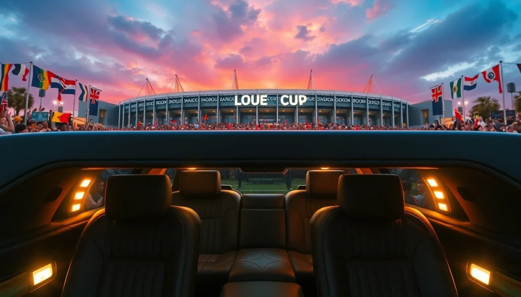 World Cup Group Transportation with a luxury limousine in Los Angeles, showcasing a vibrant atmosphere.