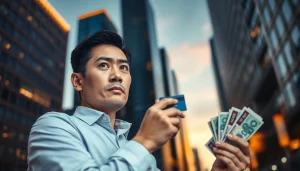 카드깡 개념을 고민하는 사람과 도시 배경이 어우러진 이미지