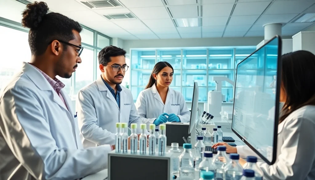 Research scientists studying WIN55 cannabinoid in a modern lab setting