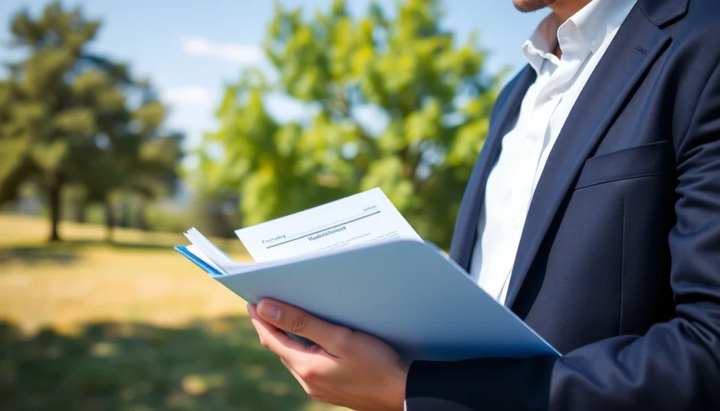 Environmental lawyer reviewing legal documents in a natural outdoor setting.