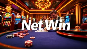 Experience the thrill of net win at a lavish casino table with vibrant poker chips and slot machines.