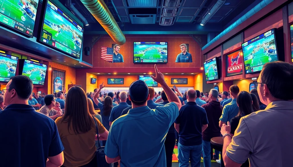Patrons enjoying South Carolina sports betting in a vibrant sports bar setting.