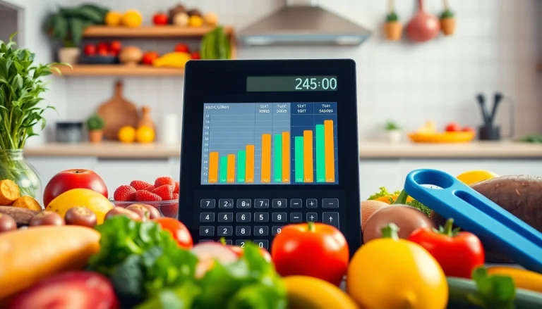 Calculate your macros with an engaging macro calculator set in a bright kitchen, featuring healthy food.
