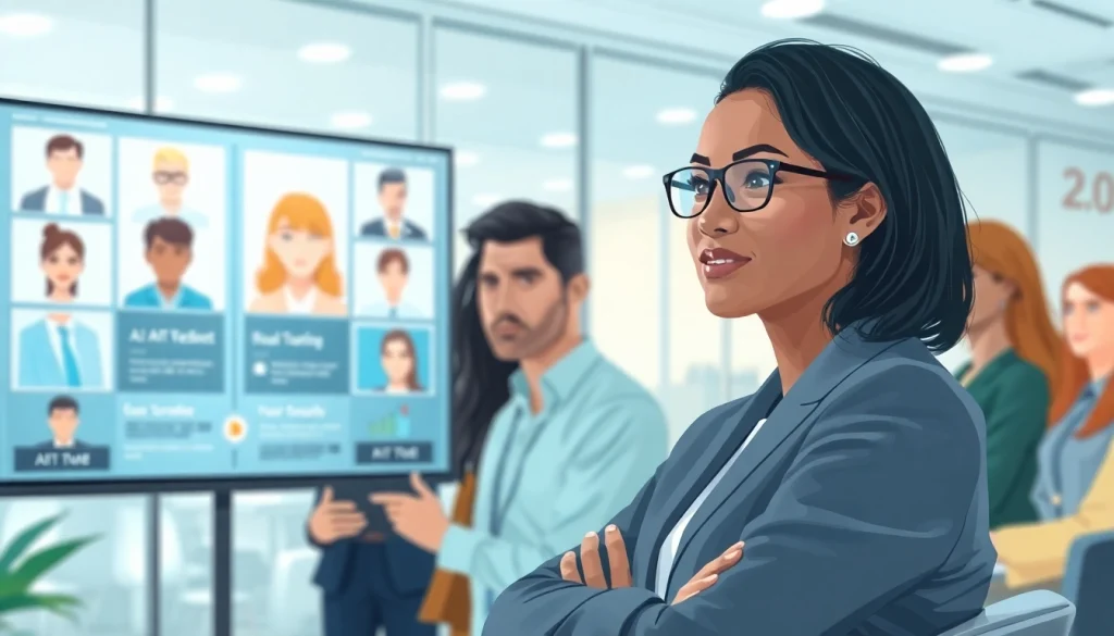 Candidates engage with AI Interviews in a modern office setting, showcasing technology and professionalism.