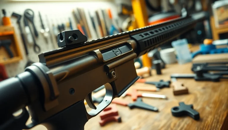 Inspect a forced reset trigger ar 15 showcasing its intricate design and craftsmanship on a workbench.