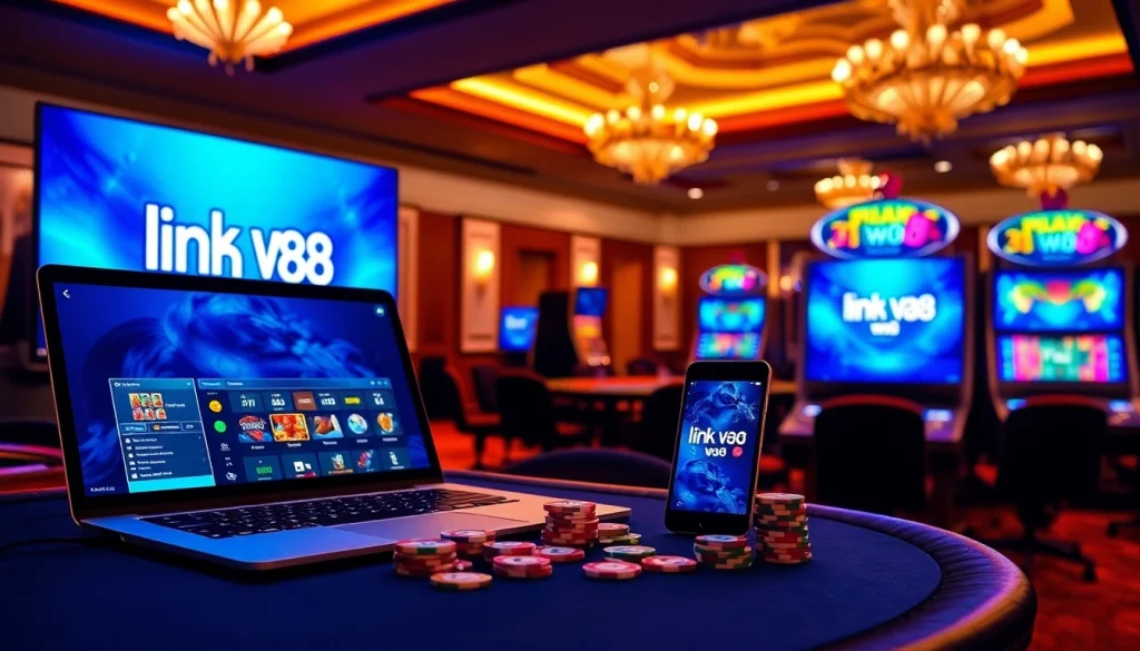Engaging image showcasing the online gambling experience at link vao w88, featuring casino tables and gaming devices.