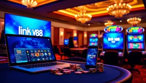 Engaging image showcasing the online gambling experience at link vao w88, featuring casino tables and gaming devices.