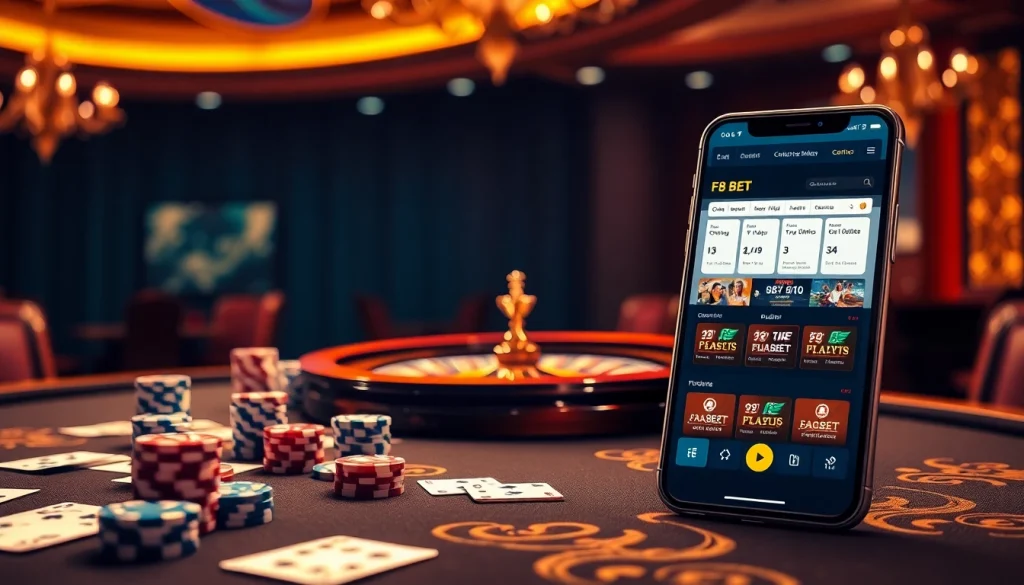 Engaging gambling table scene with F8 BET smartphone interface, showcasing chips and cards.