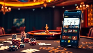 Engaging gambling table scene with F8 BET smartphone interface, showcasing chips and cards.