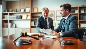 Intellectual property lawyer consulting with a client in a professional office.