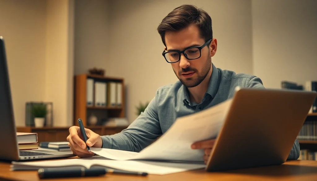 Professional scene of a traduttore giurato translating legal documents in an office setting.