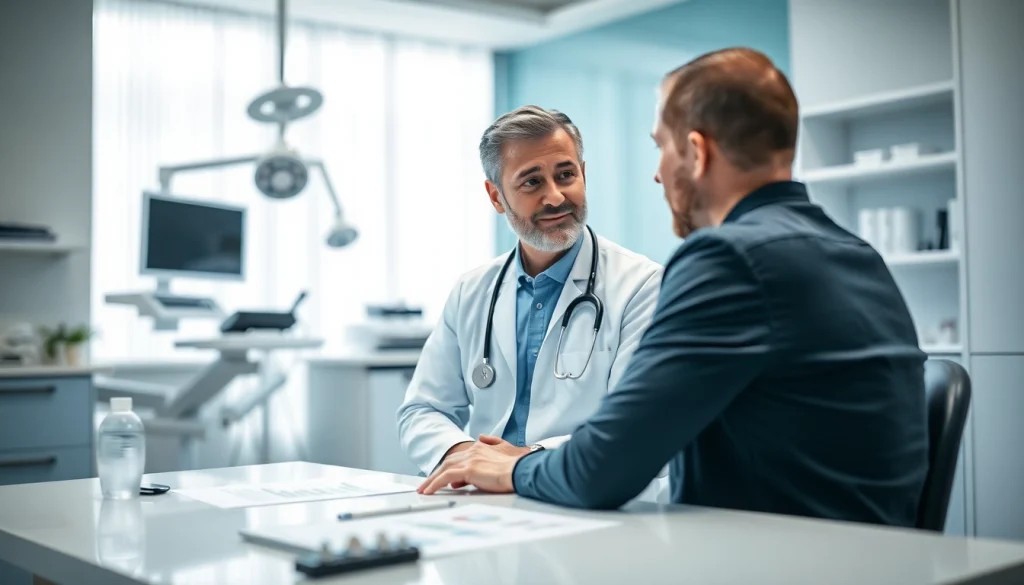 Consultation for hair transplant procedure in a modern clinic highlighting patient-doctor interaction.