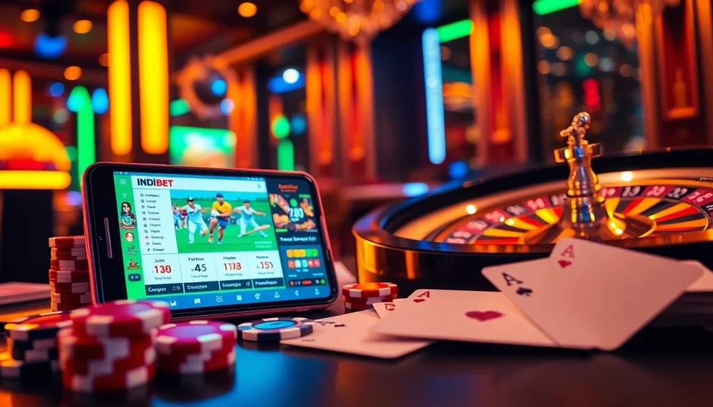 Experience the excitement of betting with the Indibet betting app on a smartphone surrounded by casino elements.