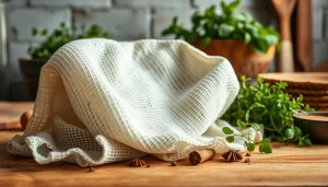 Kaasdoek met verse kruiden en specerijen in een rustieke keuken.