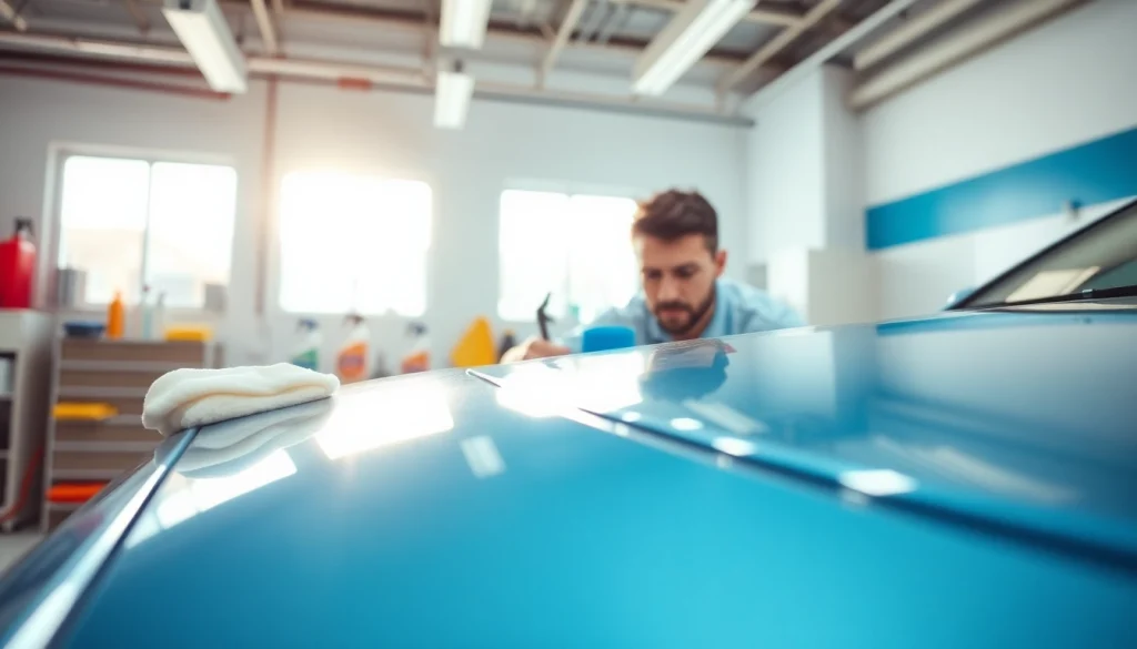 Car detailing near me showcasing a technician expertly polishing a vehicle in a well-lit garage.