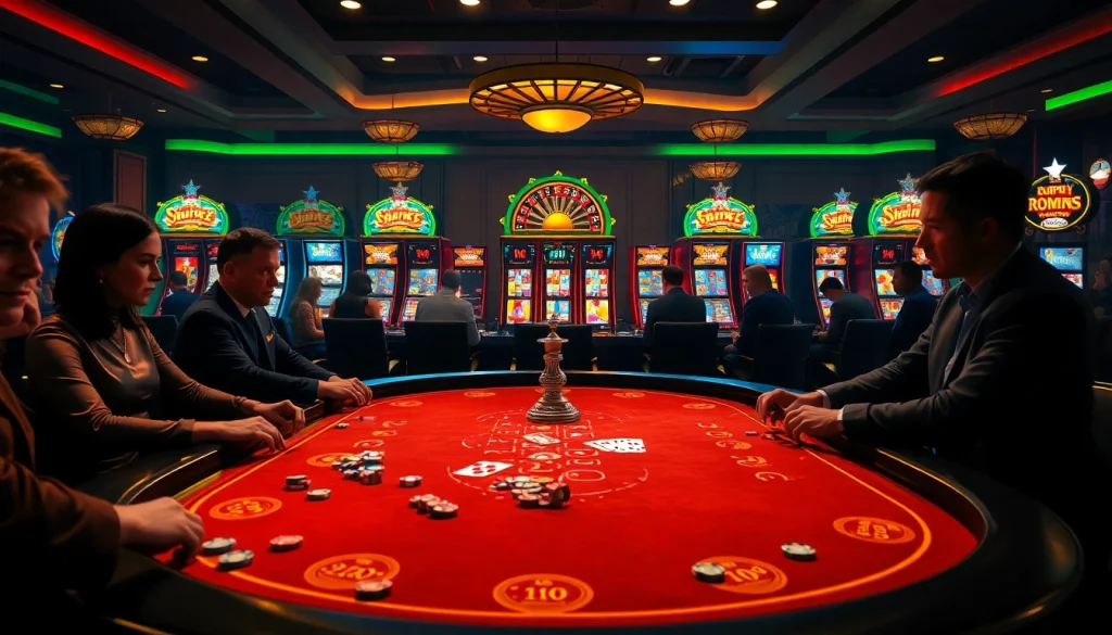 Experience the excitement of onicplay with a luxurious casino scene featuring dynamic slot machines and poker chips.