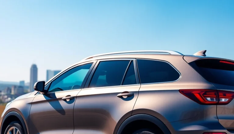 Showcasing the best window tint Chattanooga TN on a luxury vehicle with a beautiful city backdrop.