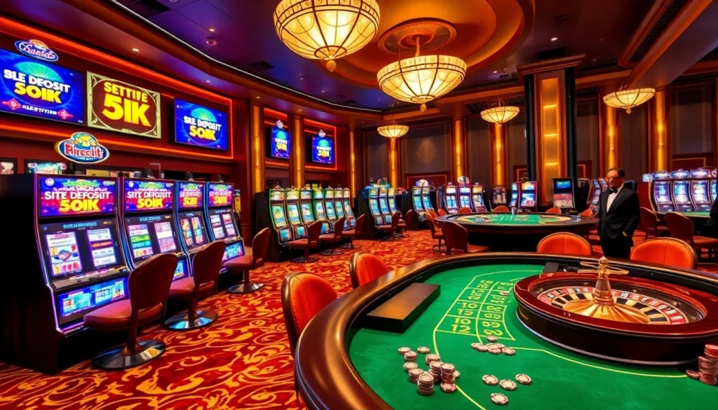 Situs deposit 5k gaming excitement at a luxurious casino featuring vibrant slot machines and a roulette table.