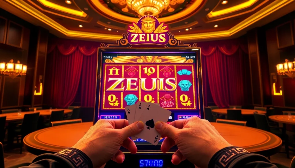 Gambling enthusiasts spinning the zeus slot machine for big wins in an elegant casino.
