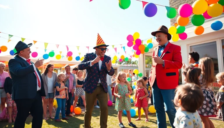Children enjoying a show by Birthday party entertainers in a festive outdoor setting.