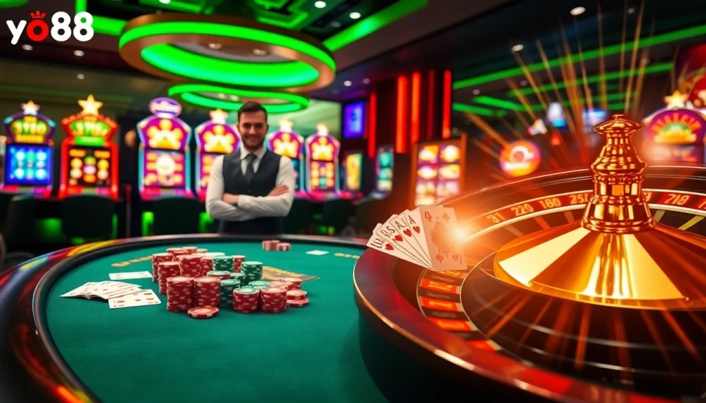 Players engaging in thrilling games at a luxurious casino table featuring yo88 elements.